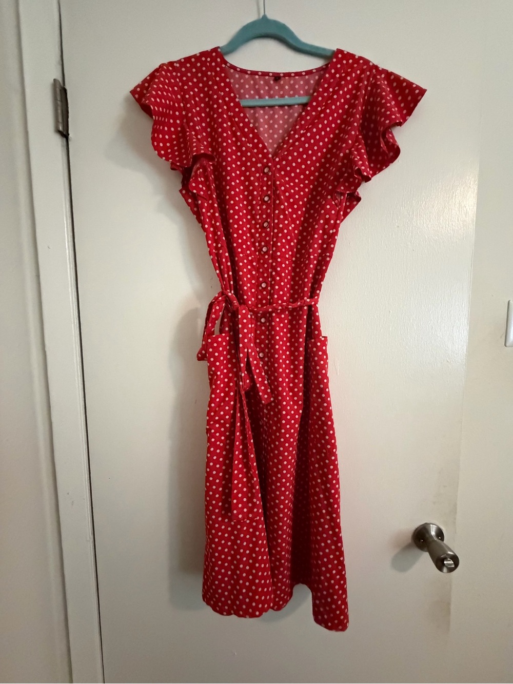 Red Polka Dot V-Neck Midi Dress with Tie Waist